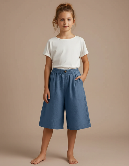 Pantalon Fluide Bleu Coton Lin Ample Décontracté Enfant