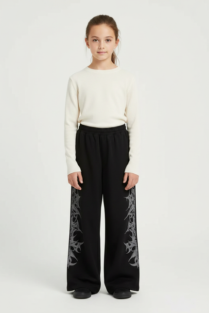 Pantalon Fluide Noir Ample Imprimé Tribal Décontracté Fille - Molleton
