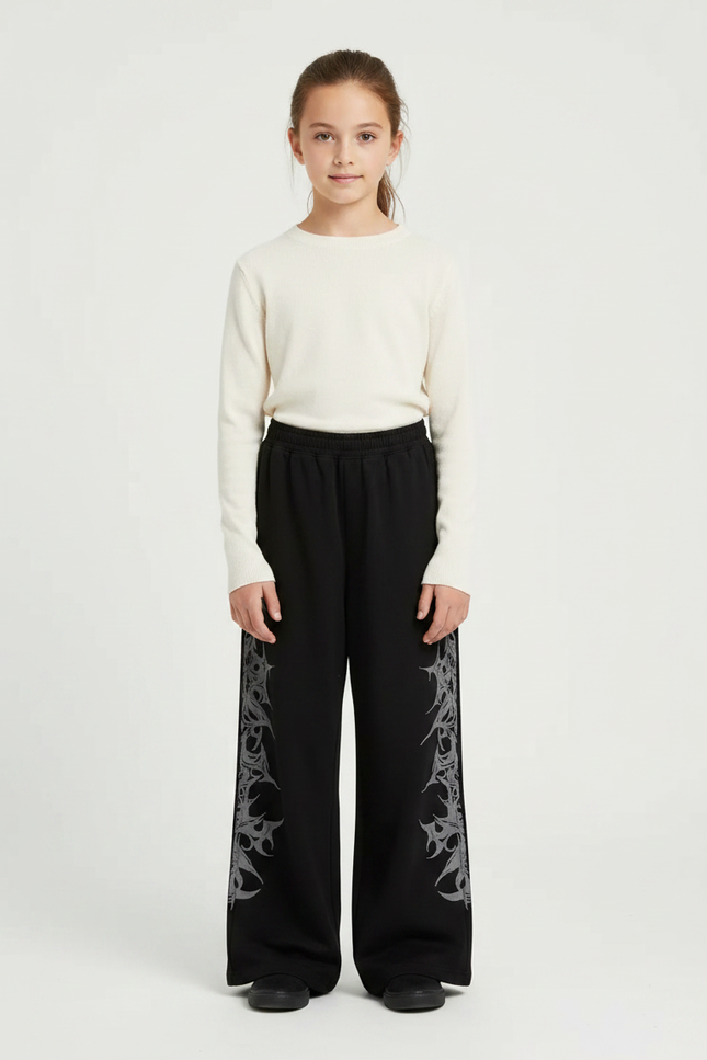 Pantalon Fluide Noir Ample Imprimé Tribal Décontracté Fille - Molleton