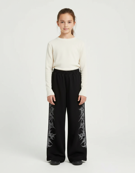 Pantalon Fluide Noir Ample Imprimé Tribal Décontracté Fille - Molleton