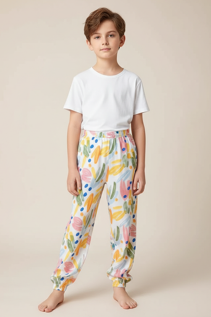 Pantalon Fluide Blanc Imprimé Abstrait Confortable Garçon - Coton