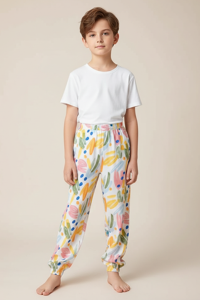 Pantalon Fluide Blanc Imprimé Abstrait Confortable Garçon - Coton