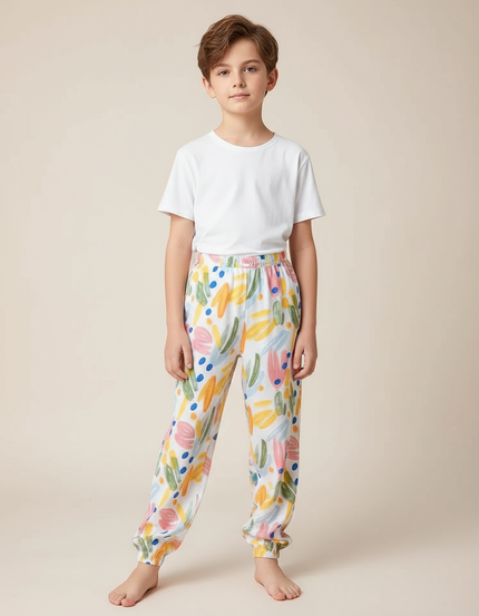 Pantalon Fluide Blanc Imprimé Abstrait Confortable Garçon - Coton