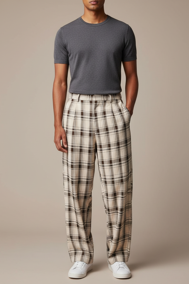 Pantalon Fluide Écru Carreaux Ample Plissé Homme - Beige Lin