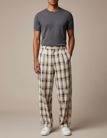 Pantalon Fluide Écru Carreaux Ample Plissé Homme - Beige Lin