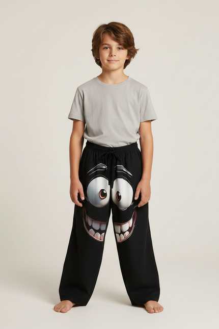 Pantalon Fluide Noir Ample Imprimé Visage Décontracté - Molleton