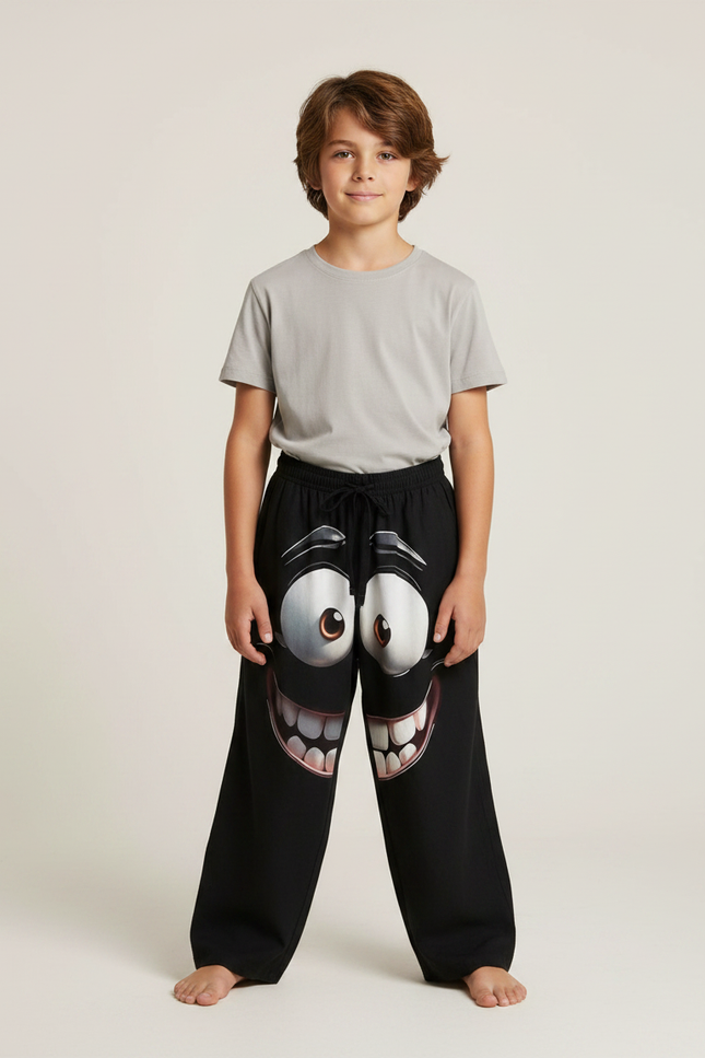 Pantalon Fluide Noir Ample Imprimé Visage Décontracté - Molleton