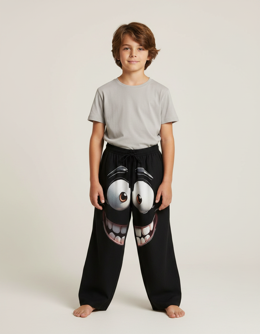Pantalon Fluide Noir Ample Imprimé Visage Décontracté - Molleton