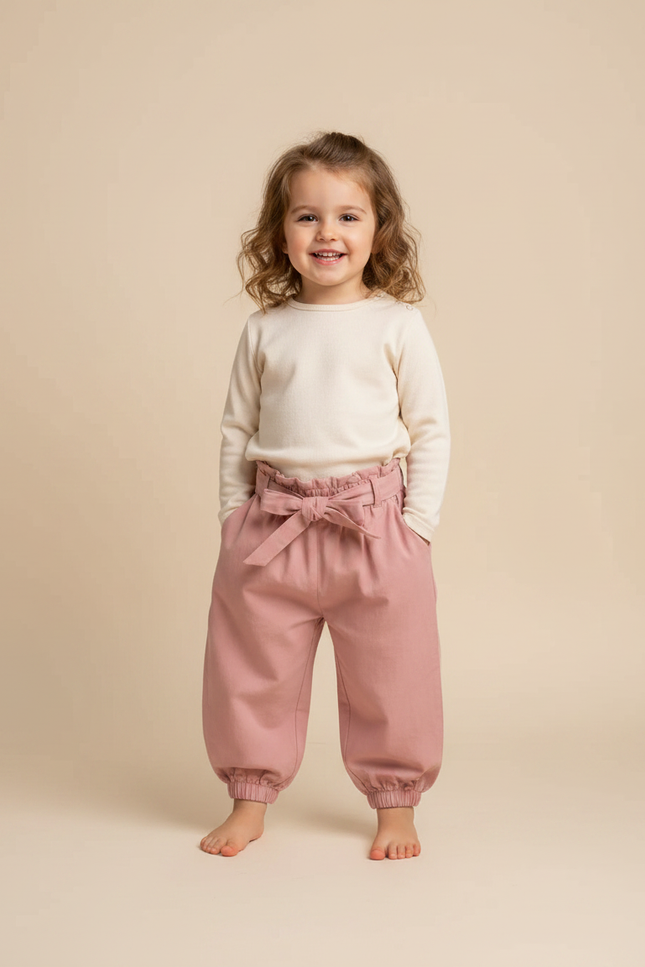 Pantalon Fluide Rose Coton Ample Taille Haute Enfant