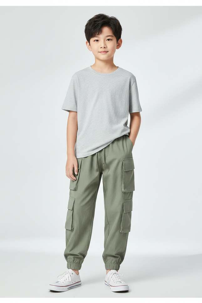 Pantalon Fluide Cargo Vert Kaki Multi-Poches Garçon - Toile