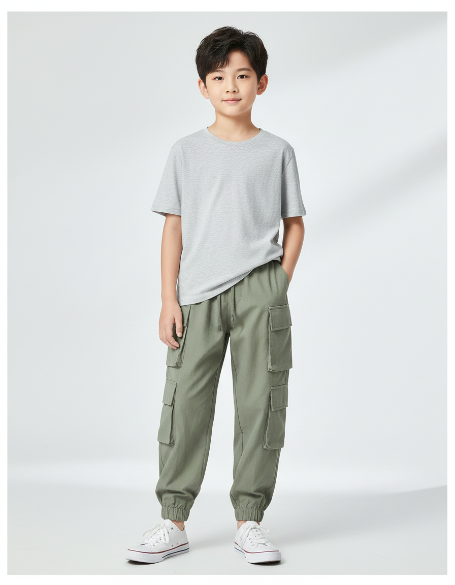 Pantalon Fluide Cargo Vert Kaki Multi-Poches Garçon - Toile