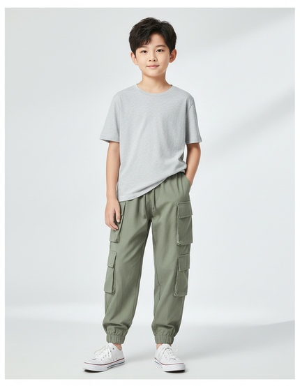 Pantalon Fluide Cargo Vert Kaki Multi-Poches Garçon - Toile