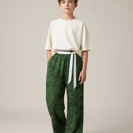 Pantalon Fluide Vert Imprimé Floral Ample Garçon - Lin