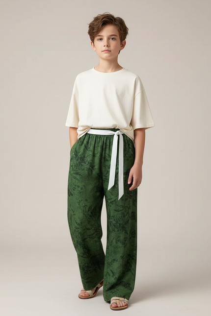 Pantalon Fluide Vert Imprimé Floral Ample Garçon - Lin
