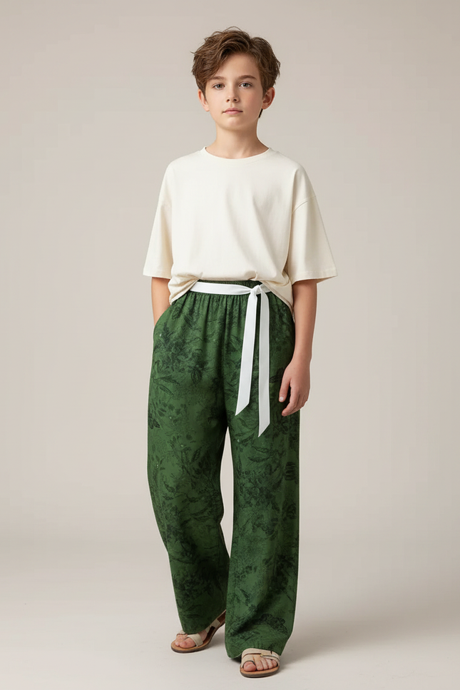 Pantalon Fluide Vert Imprimé Floral Ample Garçon - Lin