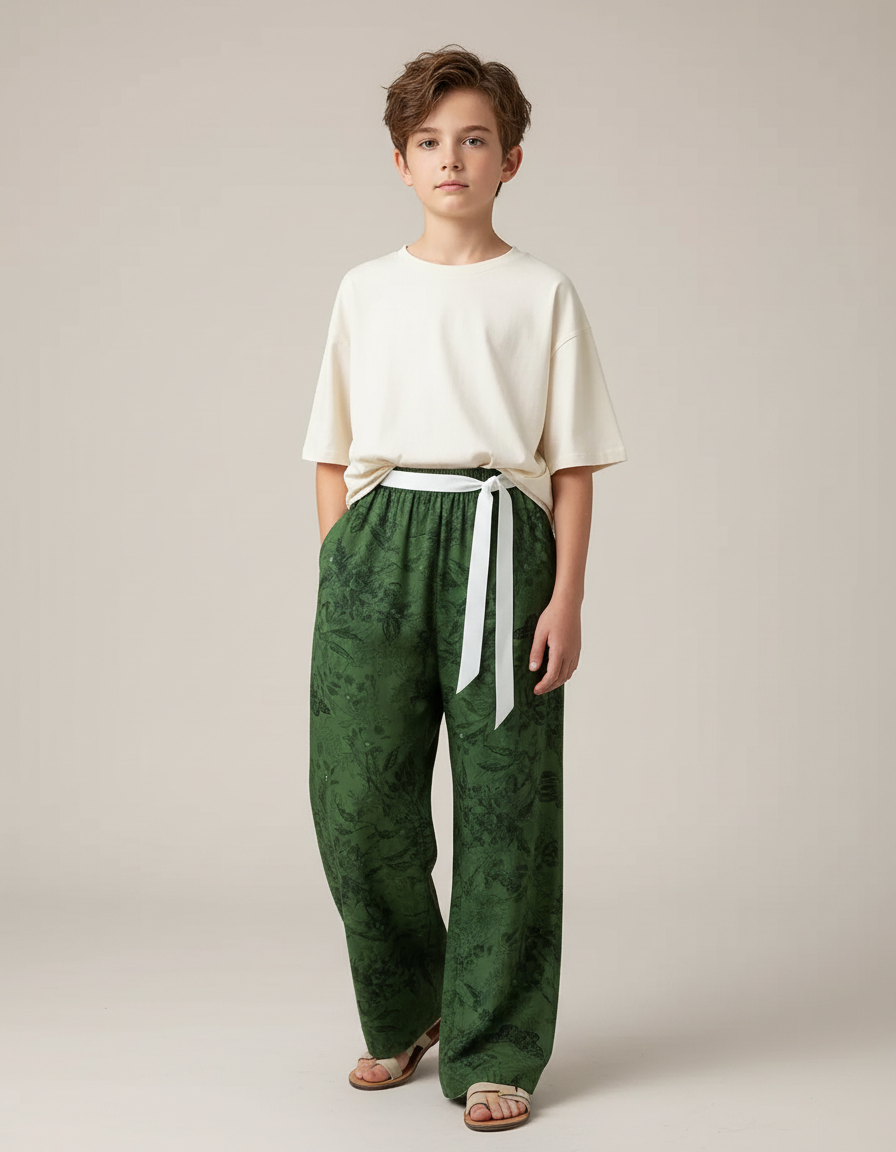 Pantalon Fluide Vert Imprimé Floral Ample Garçon - Lin