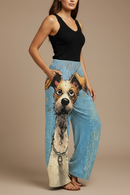 Pantalon Fluide Bleu Imprimé Chien Ample Confortable - Molleton