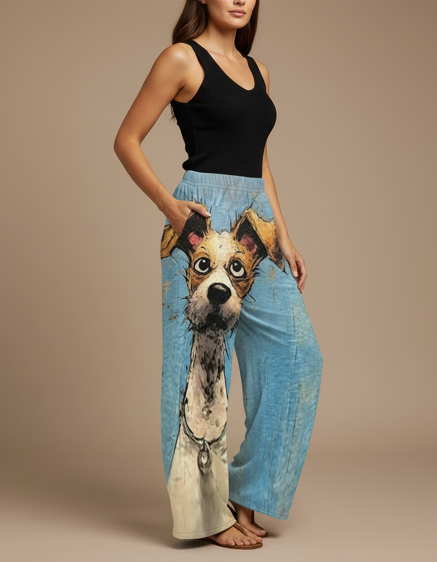 Pantalon Fluide Bleu Imprimé Chien Ample Confortable - Molleton