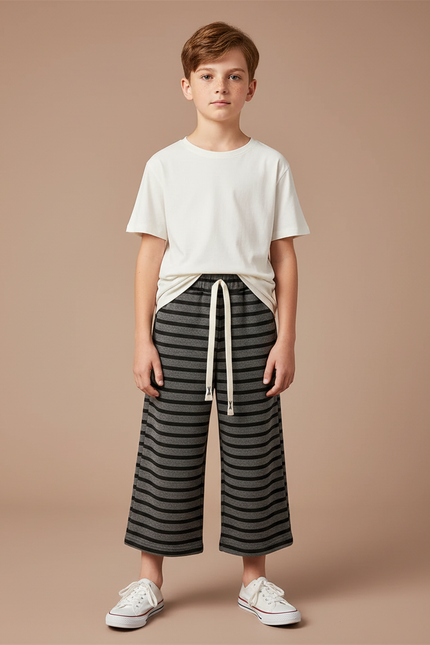 Pantalon Fluide Rayé Gris Noir Ample Coton - Molleton