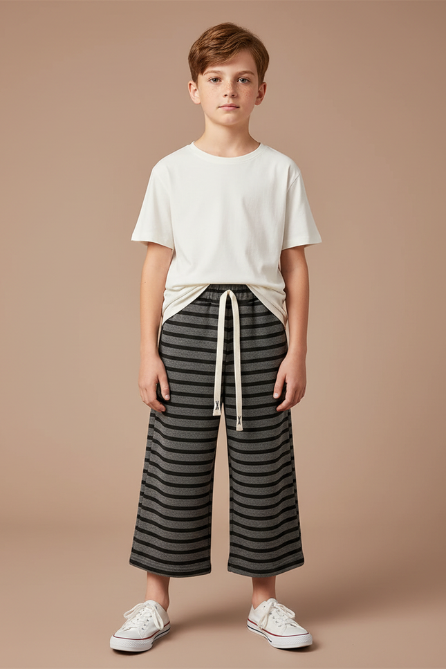 Pantalon Fluide Rayé Gris Noir Ample Coton - Molleton