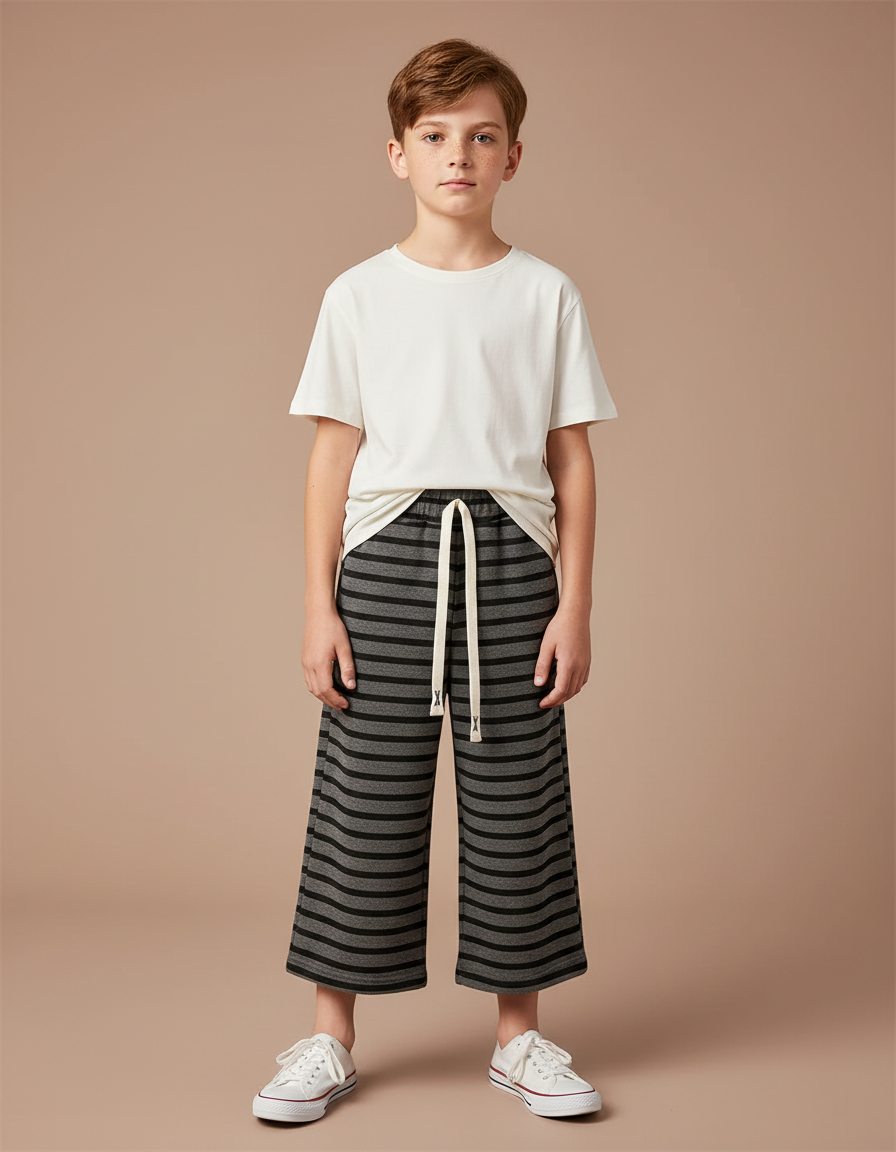 Pantalon Fluide Rayé Gris Noir Ample Coton - Molleton
