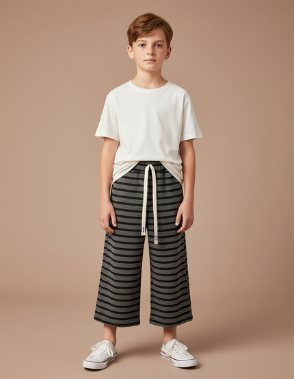 Pantalon Fluide Rayé Gris Noir Ample Coton - Molleton