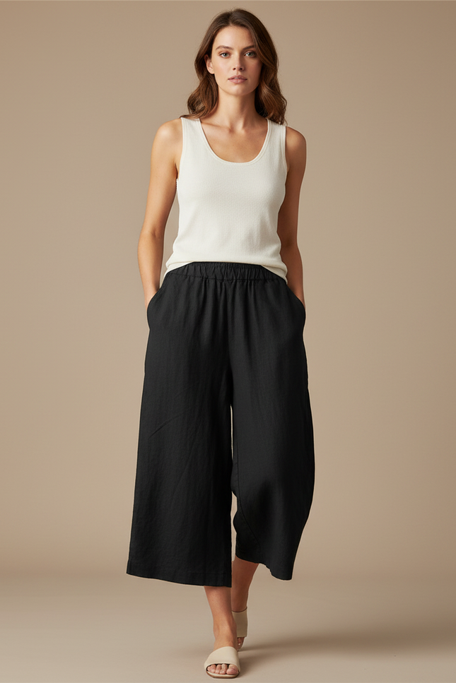 Pantalon Fluide Noir Lin Ample Court Décontracté