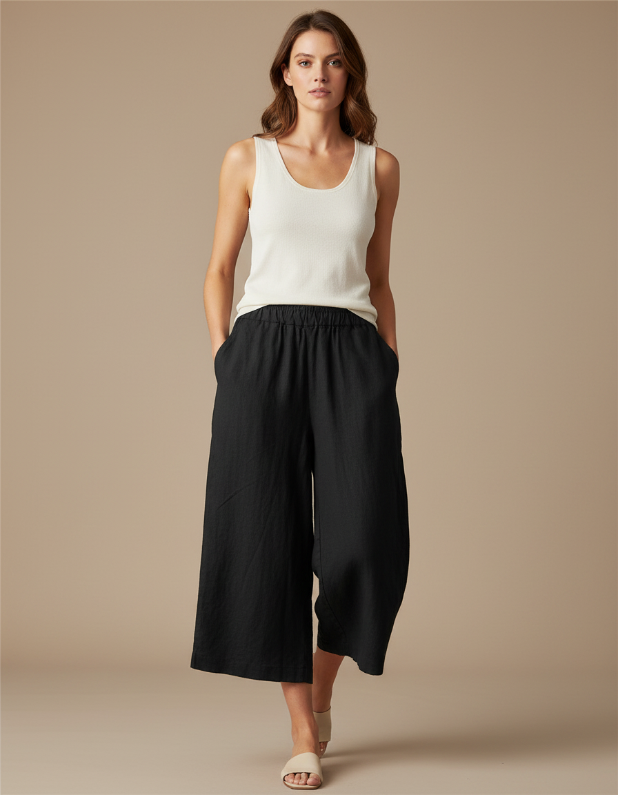 Pantalon Fluide Noir Lin Ample Court Décontracté