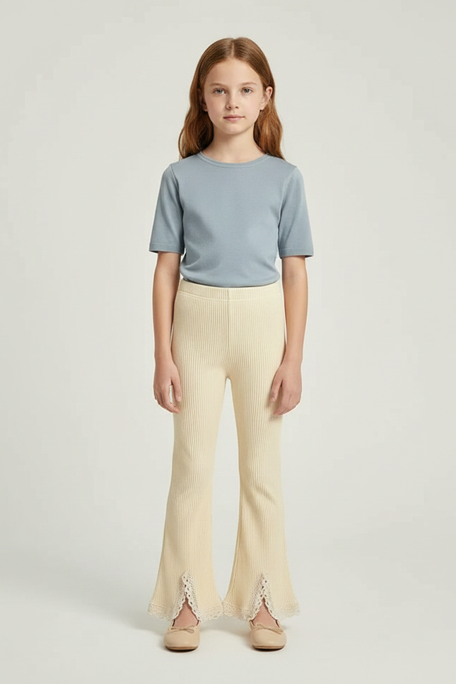 Pantalon Fluide Côtelé Écru Évasé Dentelle Fille - Beige Maille