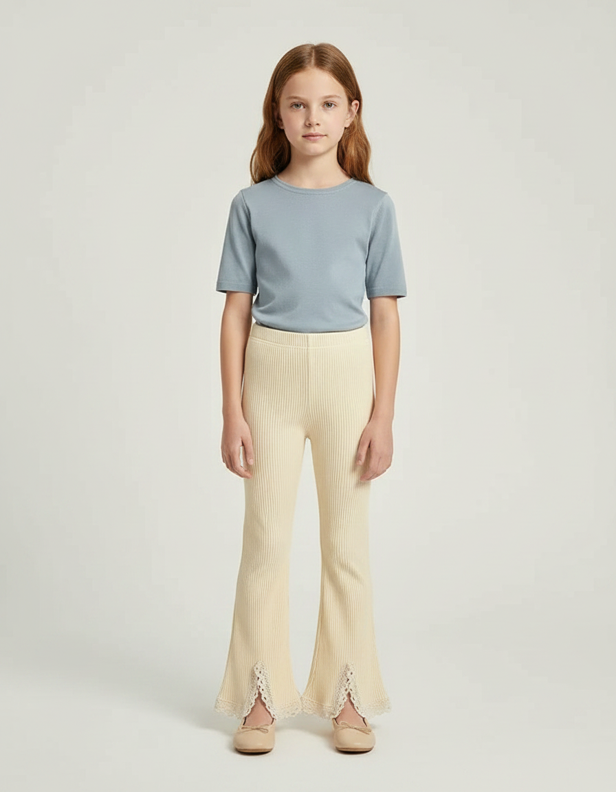 Pantalon Fluide Côtelé Écru Évasé Dentelle Fille - Beige Maille