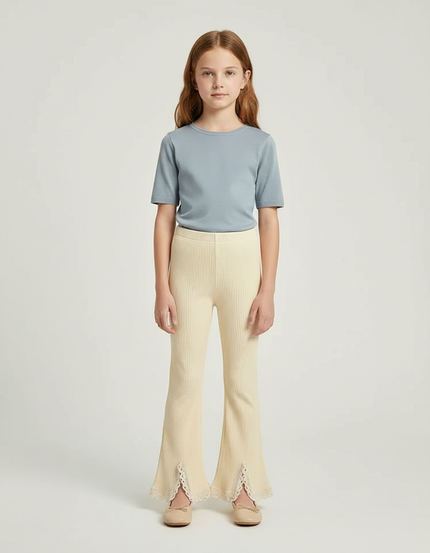 Pantalon Fluide Côtelé Écru Évasé Dentelle Fille - Beige Maille