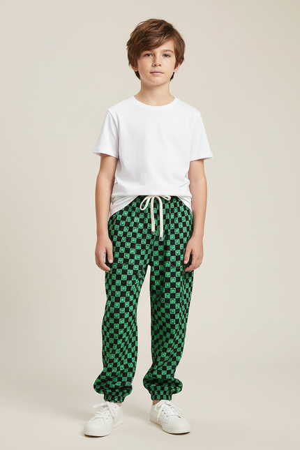 Pantalon Fluide Vert Carreaux Ample Décontracté Enfant - Molleton