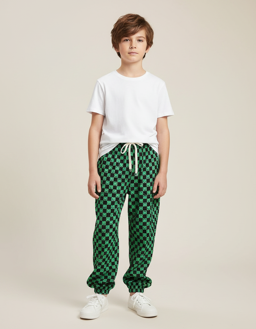 Pantalon Fluide Vert Carreaux Ample Décontracté Enfant - Molleton