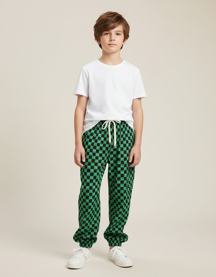 Pantalon Fluide Vert Carreaux Ample Décontracté Enfant - Molleton