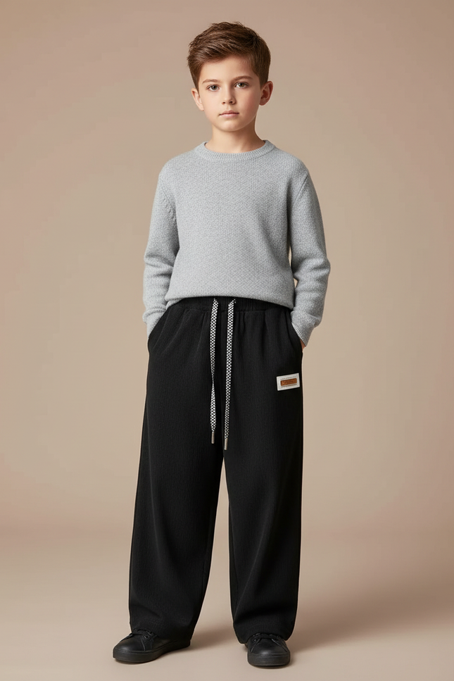 Pantalon Fluide Noir Ample Confortable Décontracté Cordon - Cordé