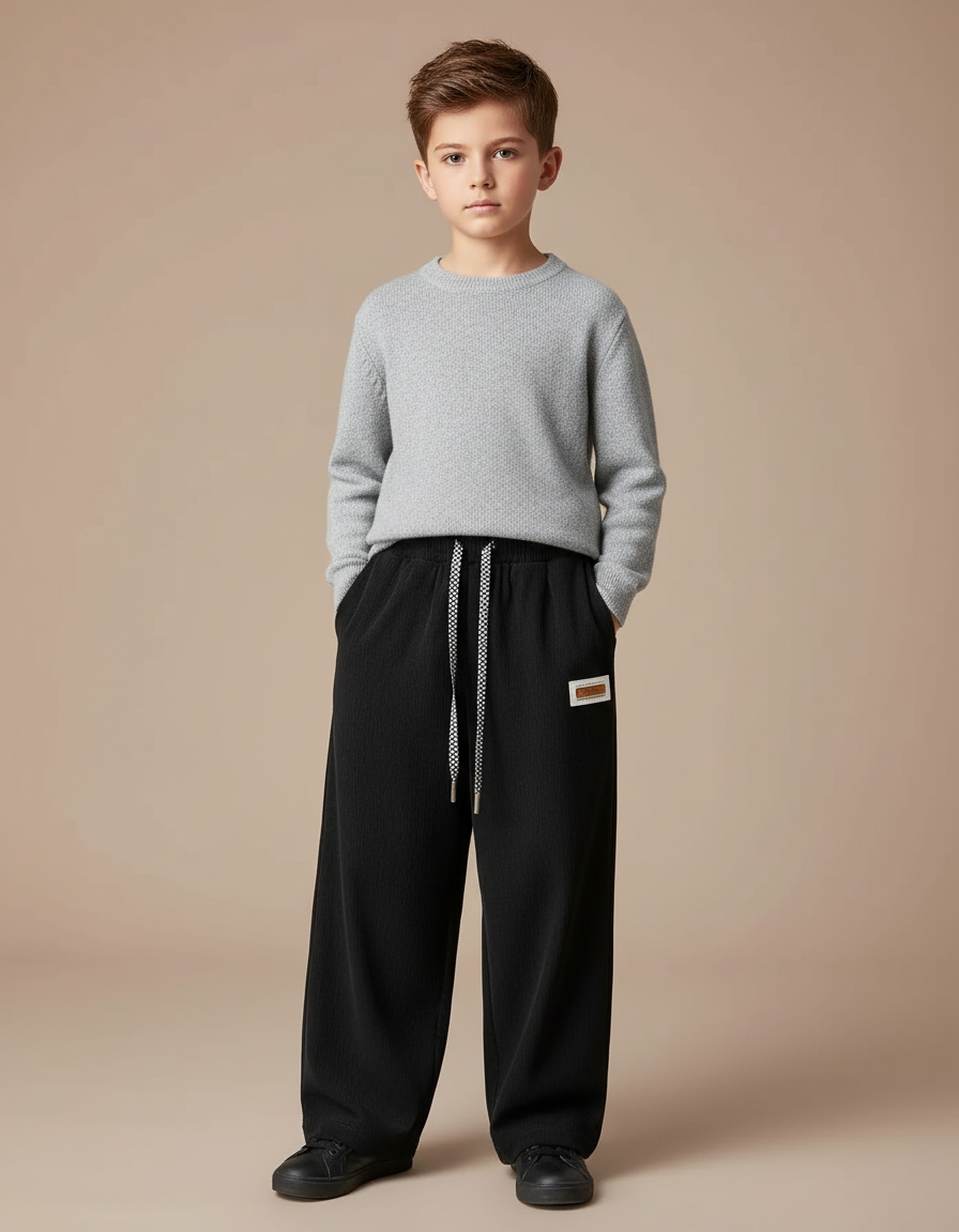 Pantalon Fluide Noir Ample Confortable Décontracté Cordon - Cordé