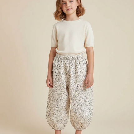 Pantalon Fluide Blanc Imprimé Fleuri Ample Coton Enfant