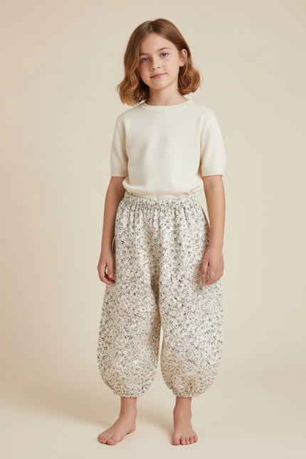 Pantalon Fluide Blanc Imprimé Fleuri Ample Coton Enfant