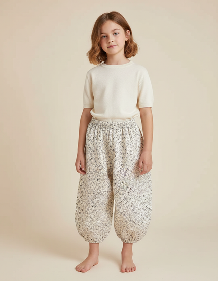 Pantalon Fluide Blanc Imprimé Fleuri Ample Coton Enfant