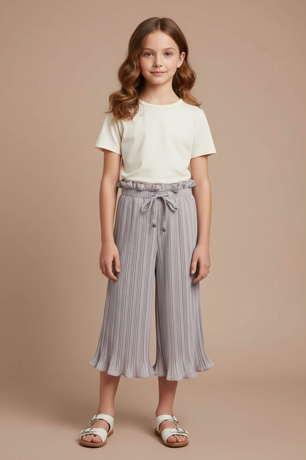 Pantalon Fluide Gris Plissé Froncé Élastique Fille - Viscose