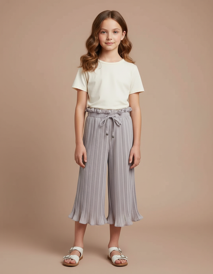 Pantalon Fluide Gris Plissé Froncé Élastique Fille - Viscose