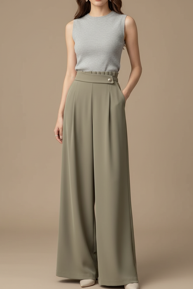 Pantalon Fluide Kaki Ample Taille Haute Élégant - Polyester