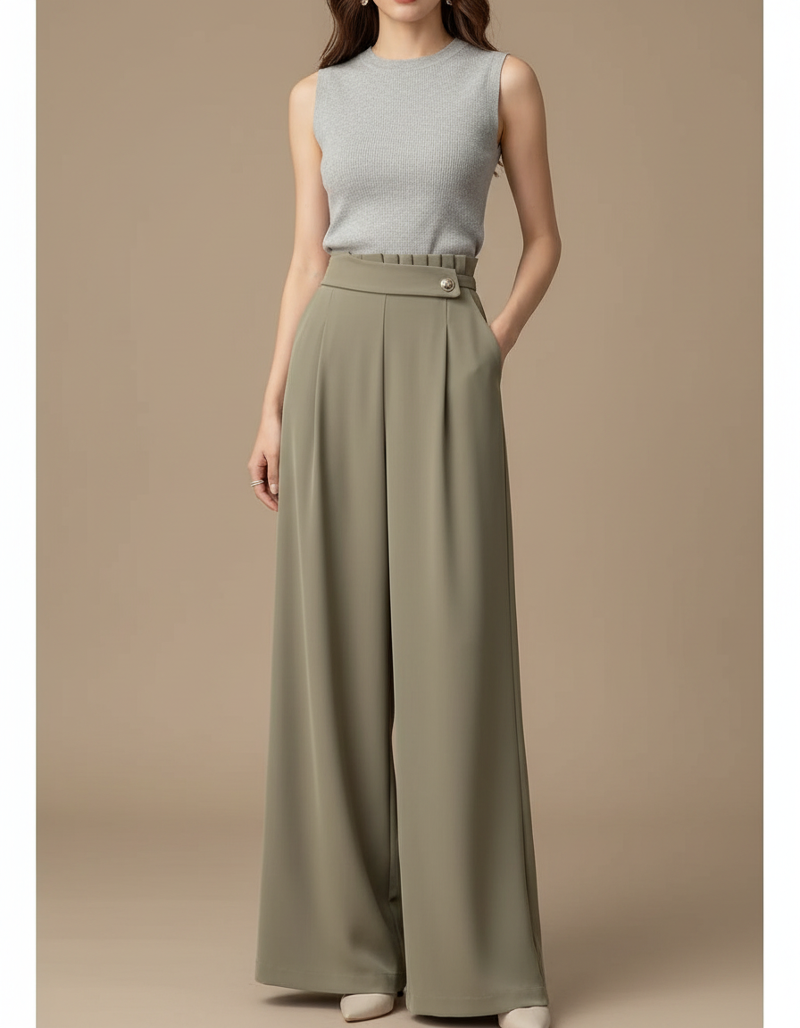 Pantalon Fluide Kaki Ample Taille Haute Élégant - Polyester