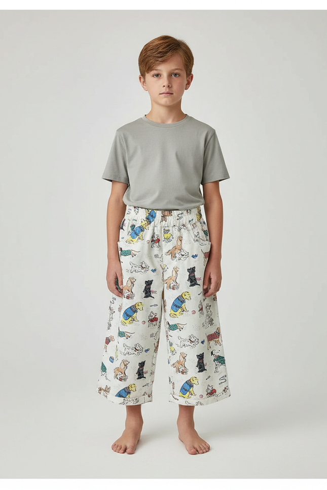 Pantalon Fluide Blanc Ample Imprimé Chiens Décontracté Enfant - Coton