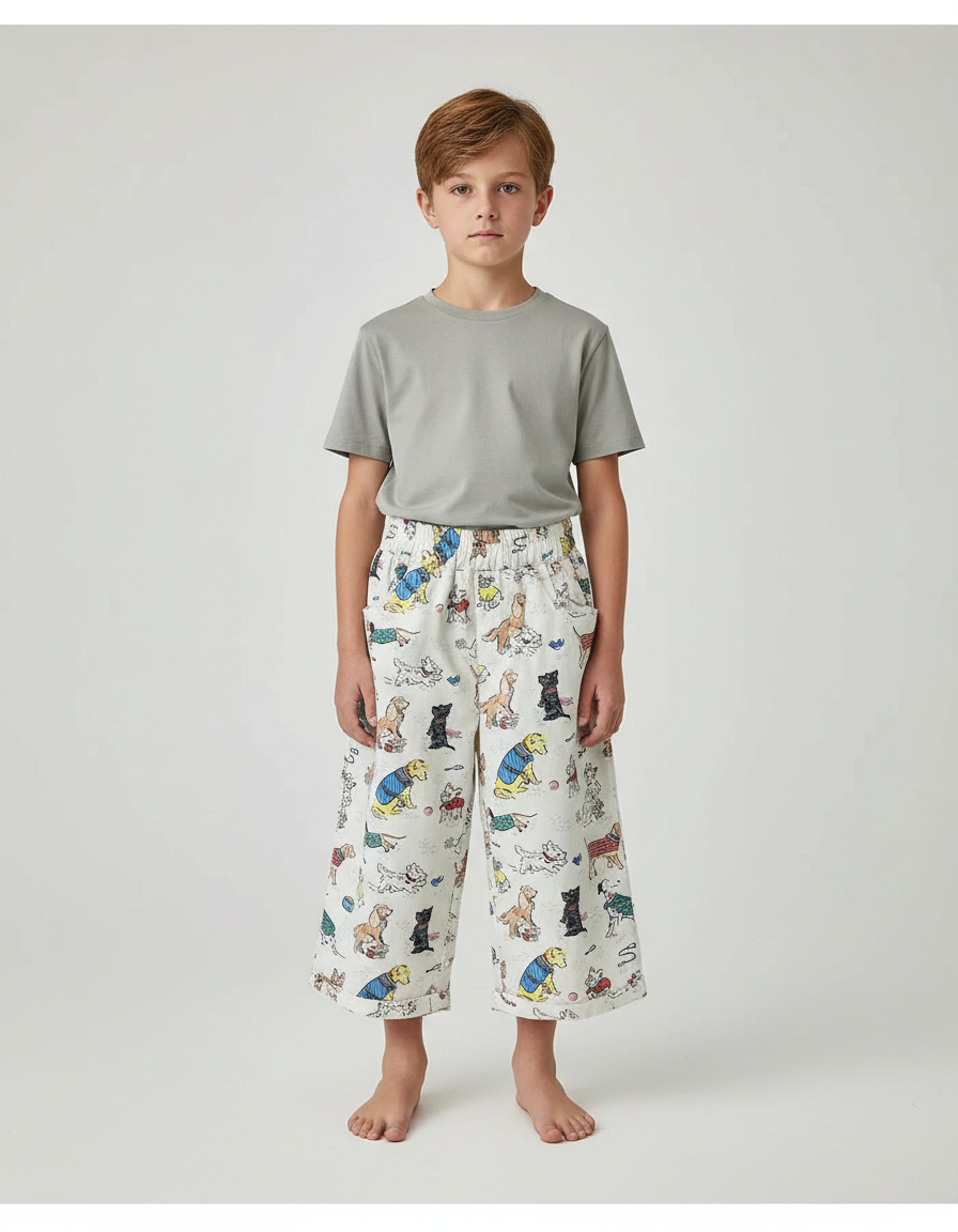 Pantalon Fluide Blanc Ample Imprimé Chiens Décontracté Enfant - Coton