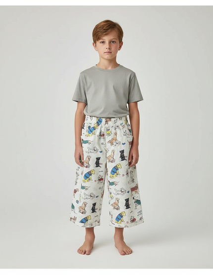 Pantalon Fluide Blanc Ample Imprimé Chiens Décontracté Enfant - Coton