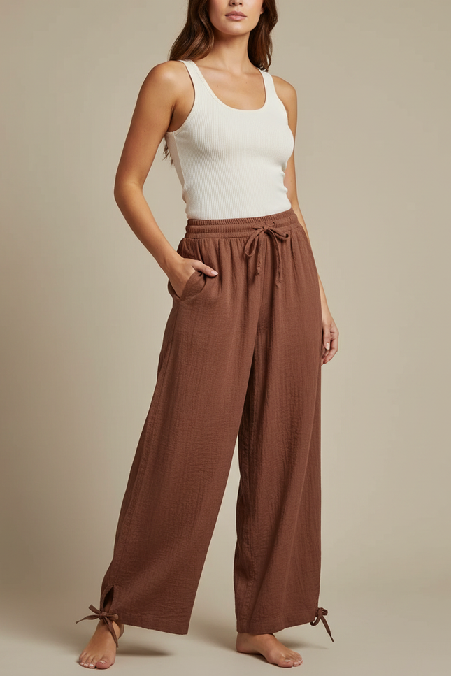 Pantalon Fluide Marron Ample Coton Cordon