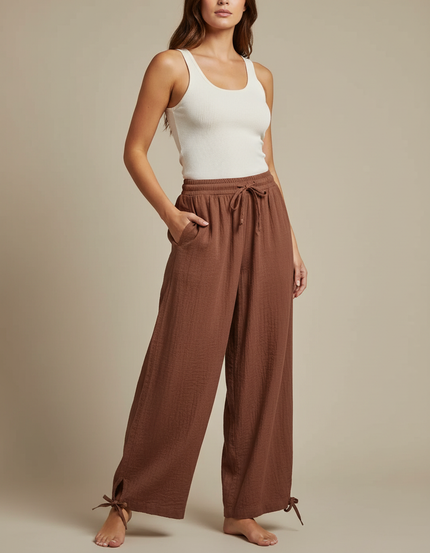 Pantalon Fluide Marron Ample Coton Cordon