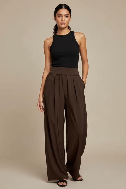 Pantalon Fluide Marron Ample Taille Haute Plissé Décontracté - Polyester