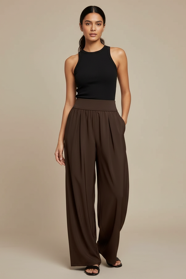 Pantalon Fluide Marron Ample Taille Haute Plissé Décontracté - Polyester